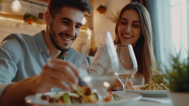 Foto una pareja feliz cenando en casa.