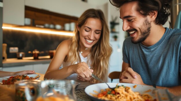 Foto una pareja feliz cenando en casa.