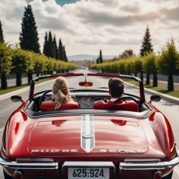 Una pareja feliz en un coche retro cabriolet