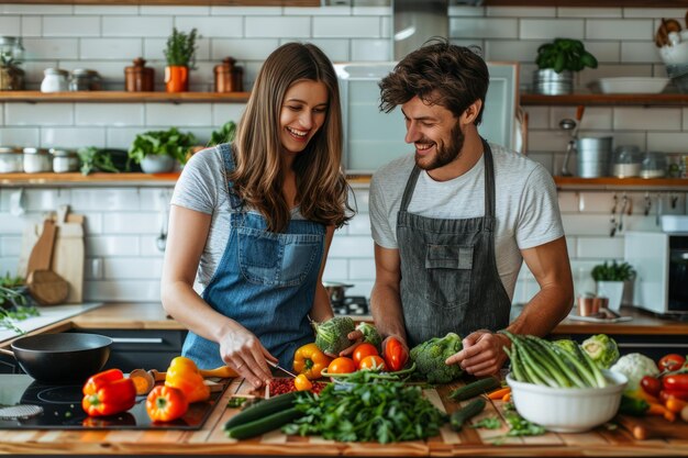 Una pareja feliz cocinando el almuerzo juntos en su cocina moderna en casa se están riendo y divirtiendo