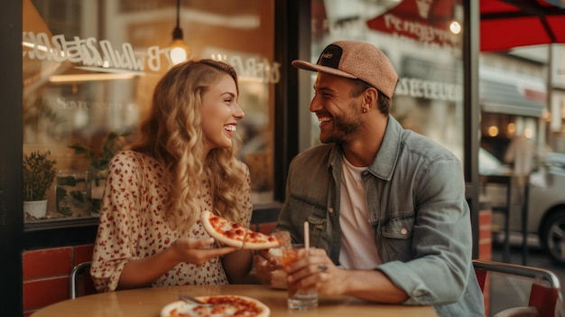 Pareja feliz come pizza en la cafetería Ilustración AI GenerativexD