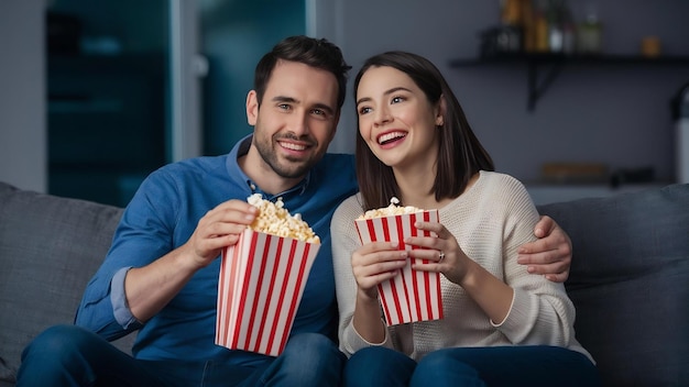 Foto una pareja feliz comiendo palomitas de maíz mientras ven una película en casa.
