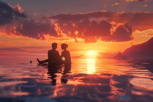 Una pareja feliz compartiendo una puesta de sol romántica