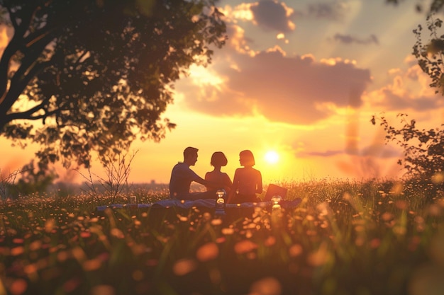 Una pareja feliz compartiendo un romántico picnic al atardecer.