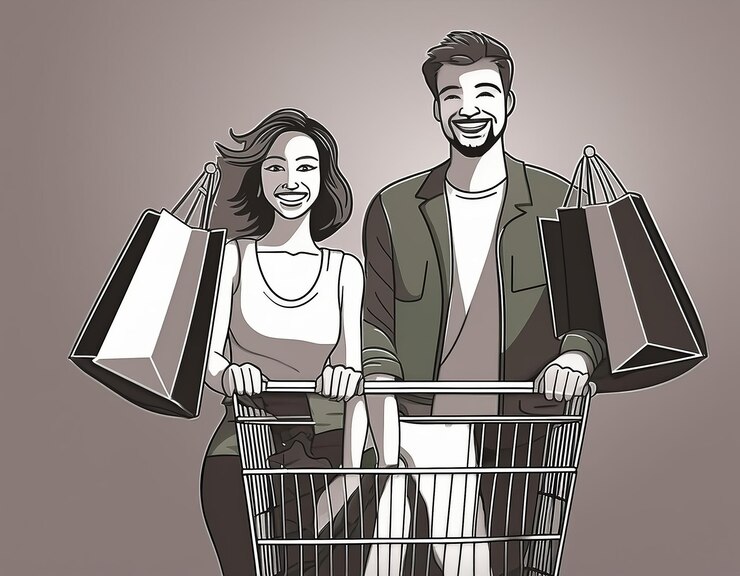 Foto una pareja feliz comprando con bolsas durante la navidad y el black friday, un evento de ventas que obtiene los mejores descuentos y ofertas.