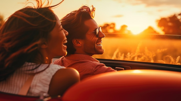 Una pareja feliz conduciendo un automóvil y sonriendo Creado con tecnología de IA generativa