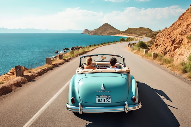 Pareja feliz conduciendo autos antiguos en una carretera IA generativa