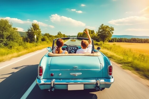 Pareja feliz conduciendo autos antiguos en una carretera IA generativa