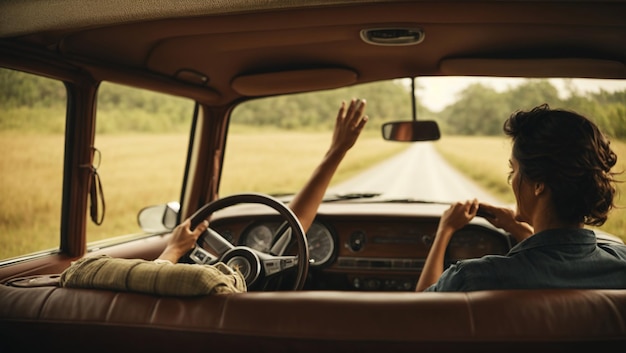 Una pareja feliz conduciendo en una carretera de campo con las manos levantadas