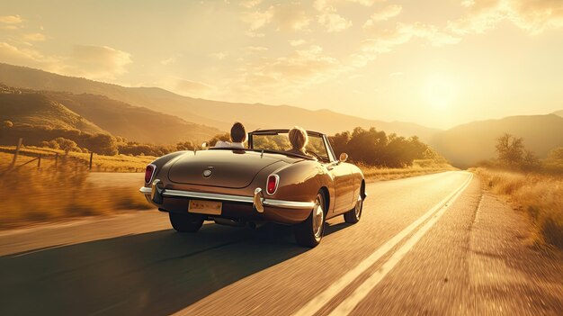 Una pareja feliz conduciendo por una carretera de campo hacia la puesta de sol en un automóvil deportivo clásico