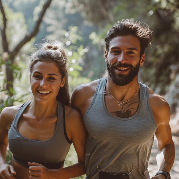 Foto una pareja feliz corriendo