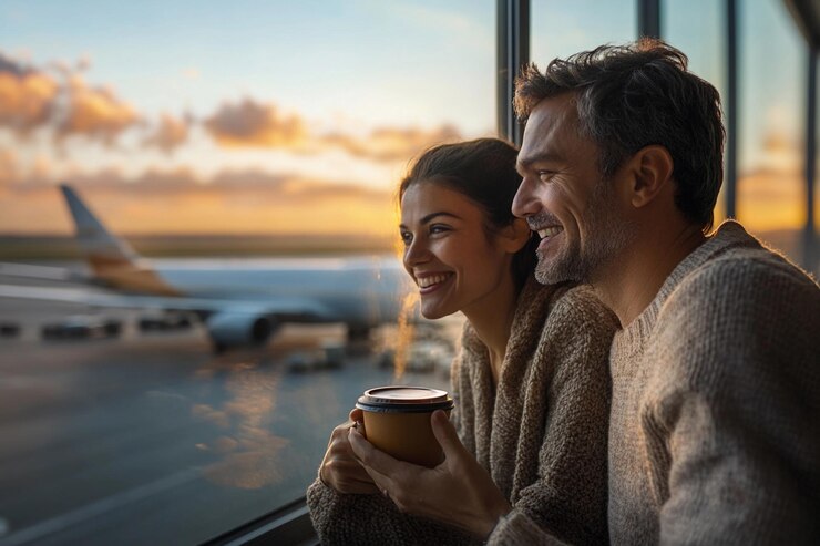 Una pareja feliz disfruta de un café mientras observa la puesta de sol en la sala de espera del aeropuerto.