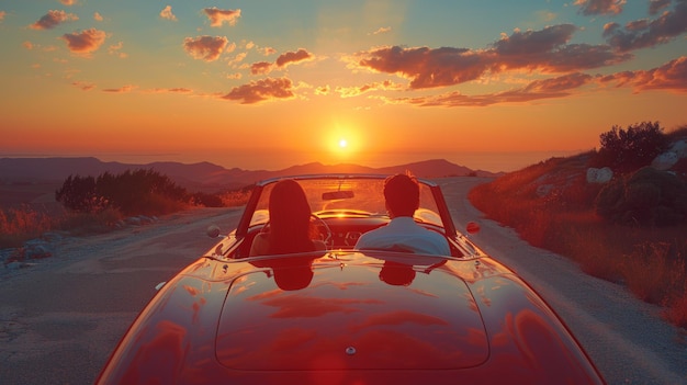 Una pareja feliz disfrutando del atardecer en un automóvil descapotable clásico