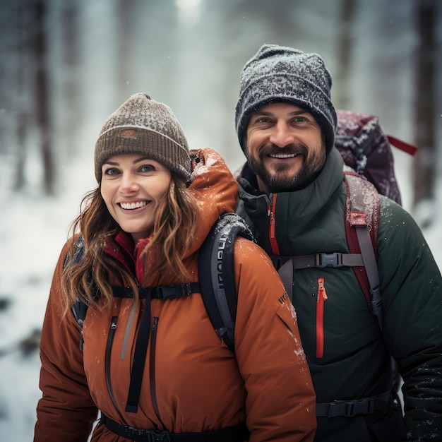 Una pareja feliz disfrutando de una caminata por el bosque de invierno juntos Generativo Ai