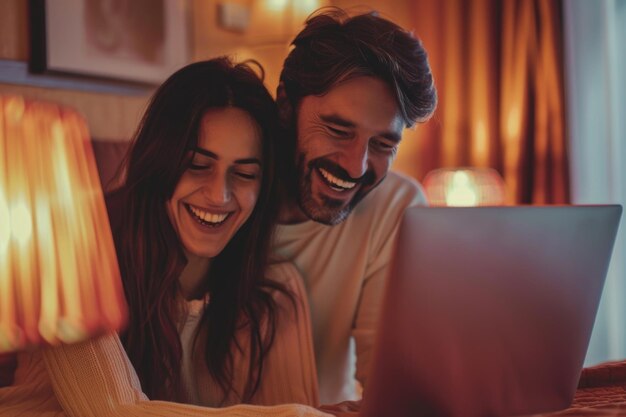 Una pareja feliz disfrutando de la conexión en línea en el dormitorio