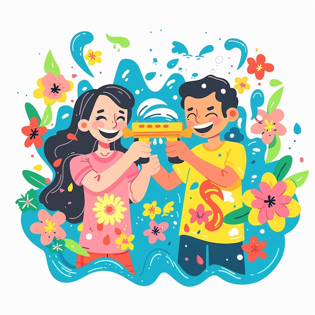Una pareja feliz disfrutando de la ilustración vectorial de la pelea de la pistola de agua