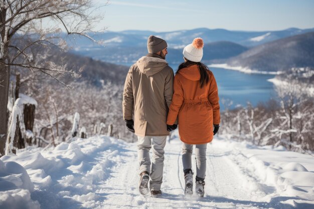 Una pareja feliz disfrutando de la vista de las montañas cubiertas de nieve en la encantadora estación de esquí