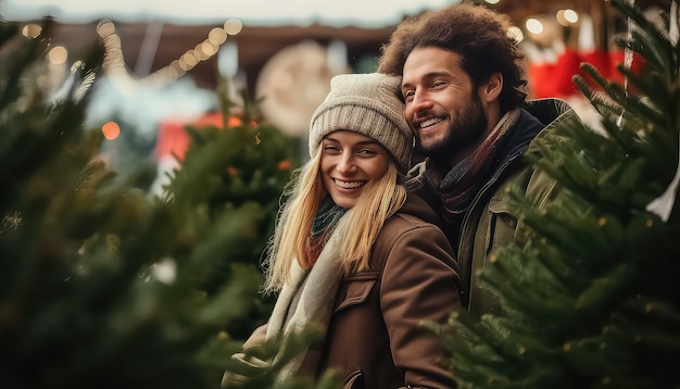 Una pareja feliz elige un árbol de Navidad en el mercado en Nochevieja o Navidad