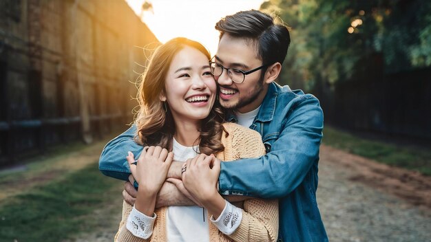 Foto una pareja feliz y enamorada abrazándose.