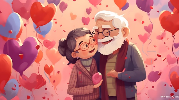 Una pareja feliz y enamorada con globos y corazones.