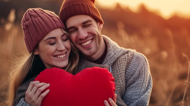 una pareja feliz y enamorada sosteniendo un globo en forma de corazón