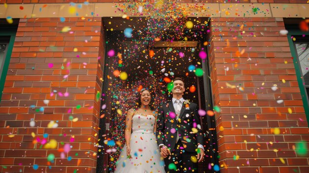 Una pareja feliz es bañada con confeti cuando salen de un edificio