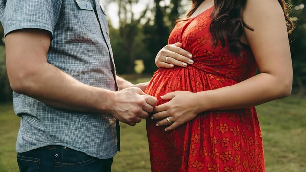 Foto una pareja feliz esperando a un bebé de cerca en el vientre