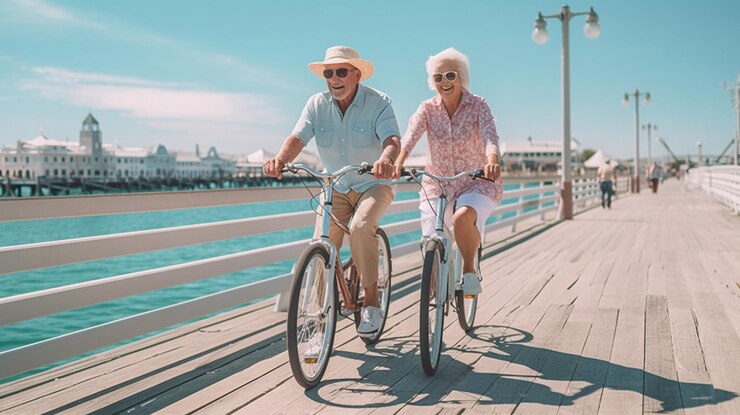 Una pareja feliz de estudiantes de último año montando bicicletas en la playa están mirando a la cámara y sonriendo