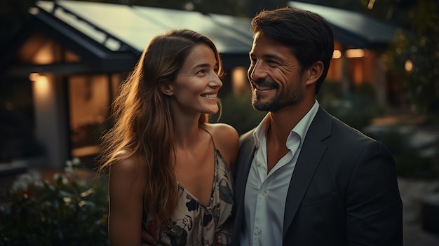 Una pareja feliz en el fondo de una casa moderna