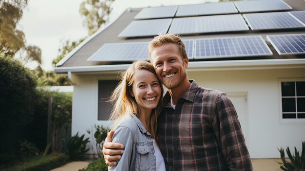 Foto pareja feliz frente a una casa moderna con paneles solares