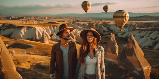 Pareja feliz en globo aerostático de Capadocia