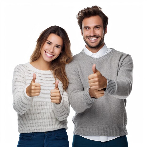 Una pareja feliz haciendo pulgares bien parecidos con suéteres aislados sobre un fondo blanco