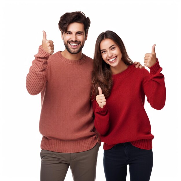 Foto una pareja feliz haciendo pulgares bien parecidos con suéteres aislados sobre un fondo blanco