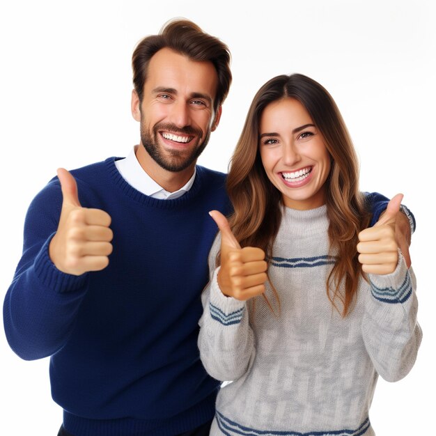 Foto una pareja feliz haciendo pulgares bien parecidos con suéteres aislados sobre un fondo blanco