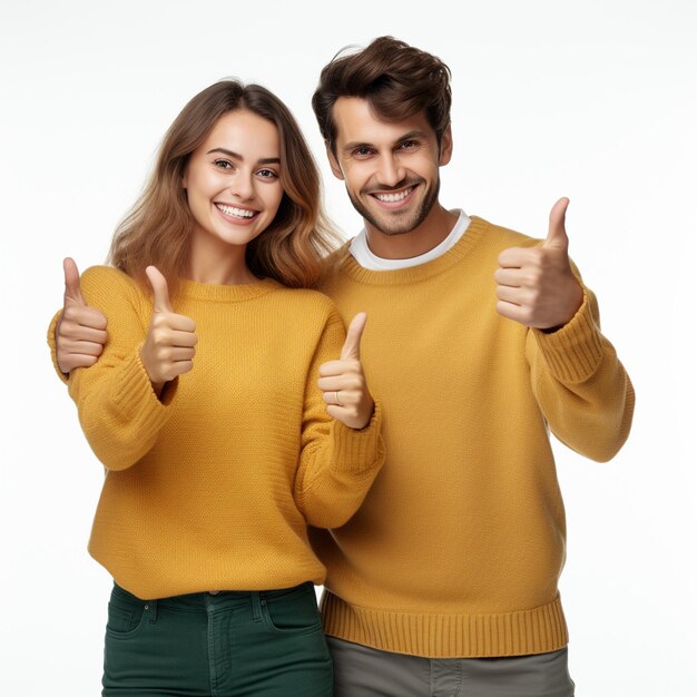 Una pareja feliz haciendo pulgares bien parecidos con suéteres aislados sobre un fondo blanco