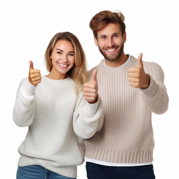 Una pareja feliz haciendo pulgares bien parecidos con suéteres aislados sobre un fondo blanco