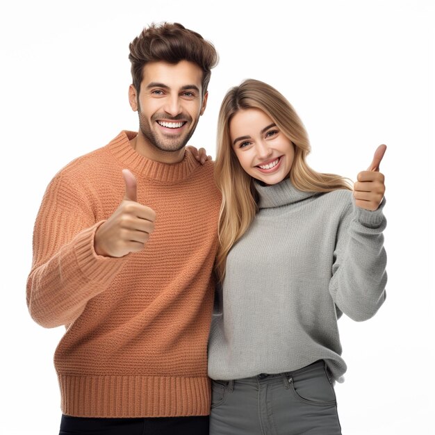 Una pareja feliz haciendo pulgares bien parecidos con suéteres aislados sobre un fondo blanco