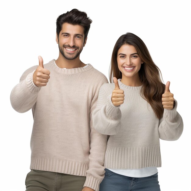 Una pareja feliz haciendo pulgares bien parecidos con suéteres aislados sobre un fondo blanco