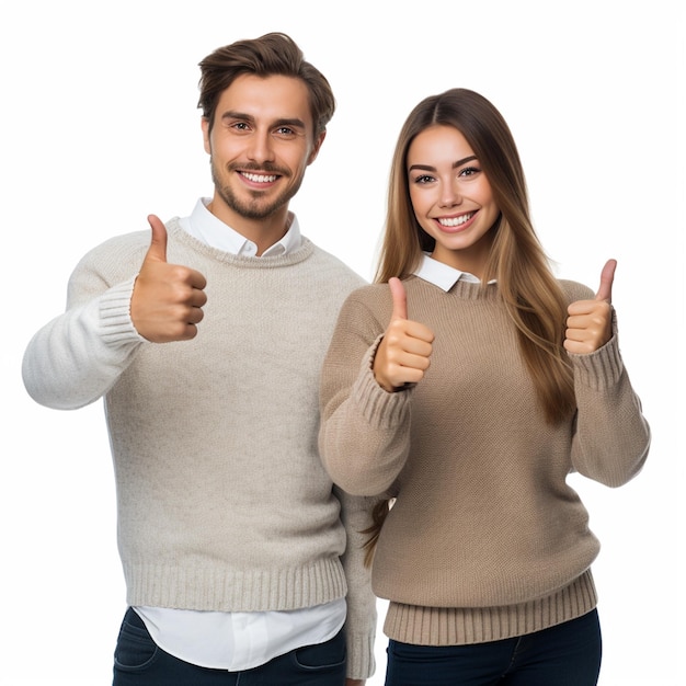 Una pareja feliz haciendo pulgares bien parecidos con suéteres aislados sobre un fondo blanco