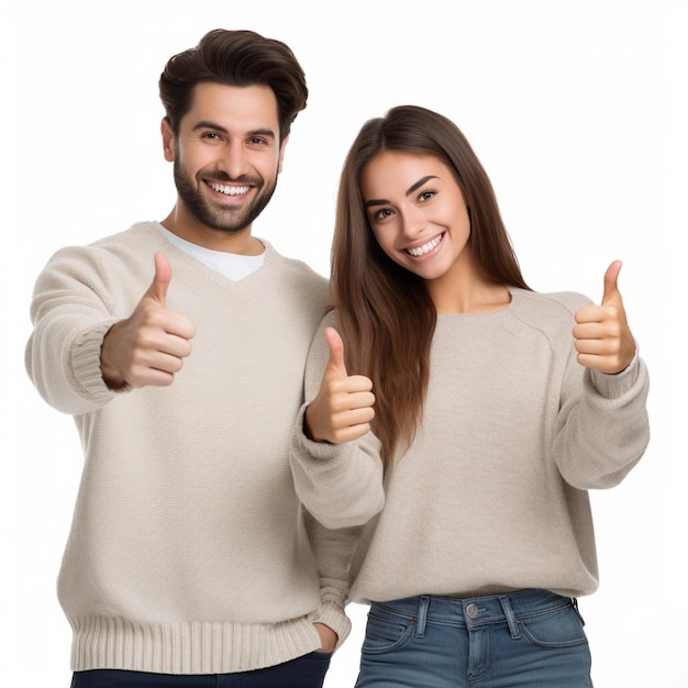 Una pareja feliz haciendo pulgares bien parecidos con suéteres aislados sobre un fondo blanco