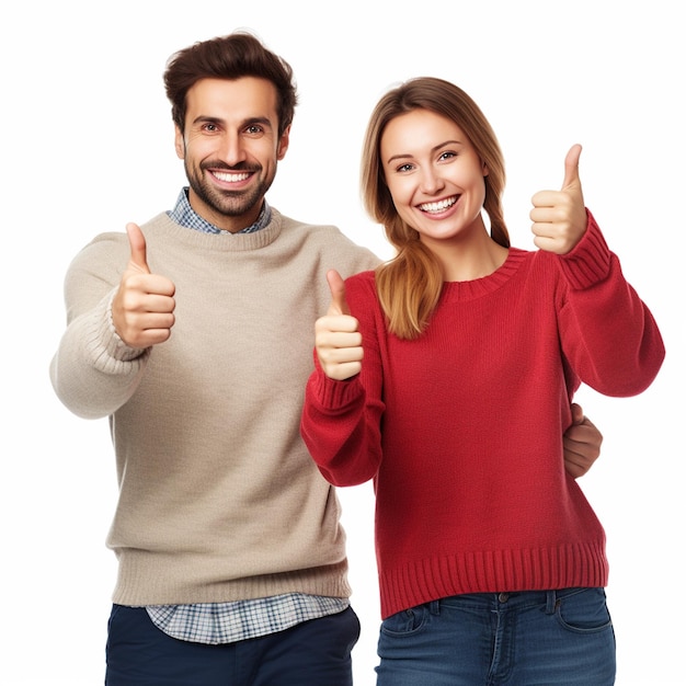 Una pareja feliz haciendo pulgares bien parecidos con suéteres aislados sobre un fondo blanco