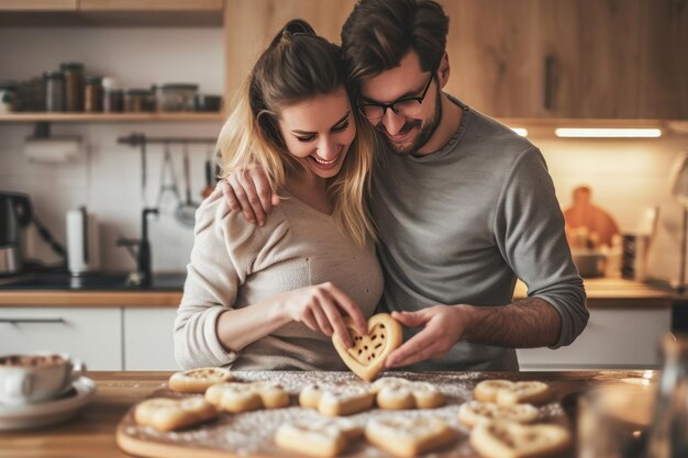 pareja feliz horneando galletas en forma de corazón en la cocina