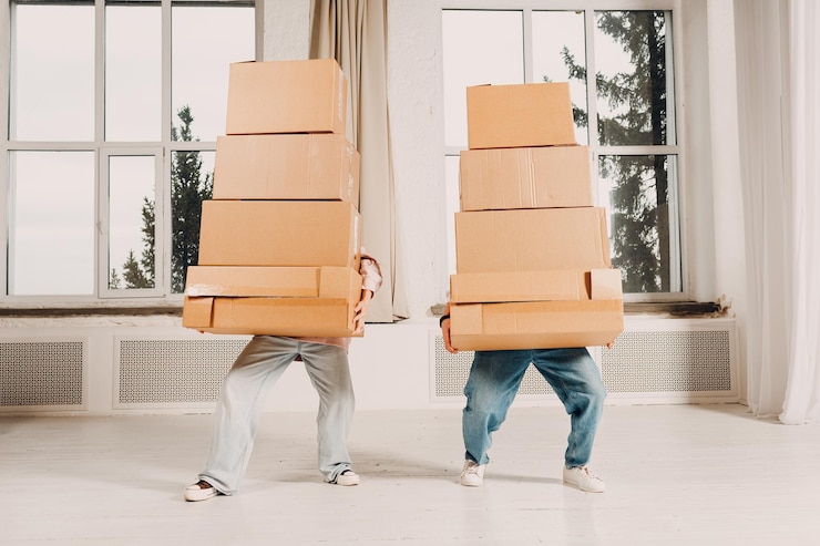 Foto una pareja feliz de jóvenes, un hombre y una mujer, se mudan llevando pesadas cajas de cartón en las manos a su nuevo hogar.