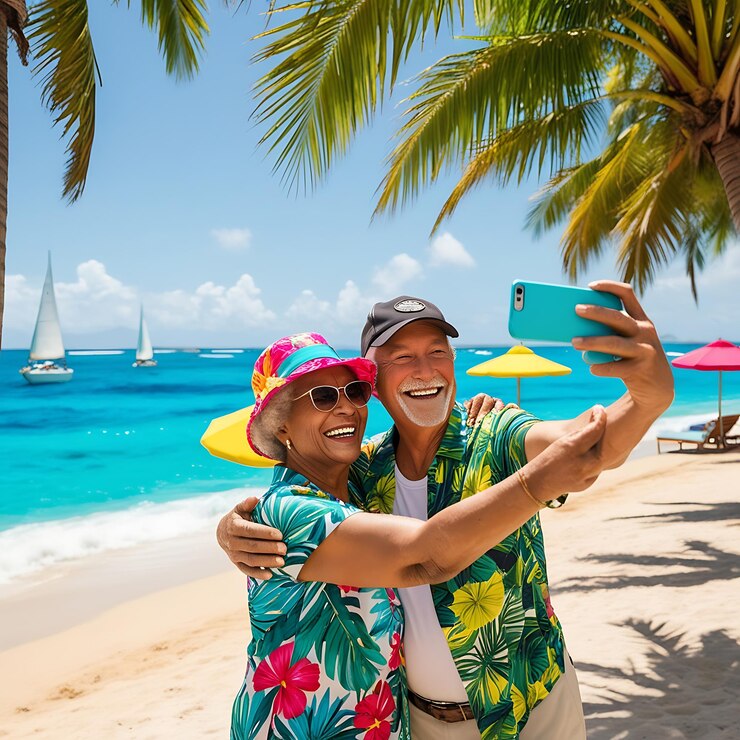 Una pareja feliz jubilada tomando una selfie en vacaciones junto al océano en Bahia