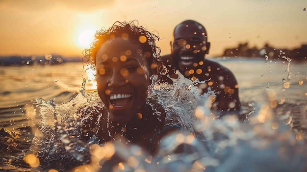 Una pareja feliz juega durante las vacaciones de verano.