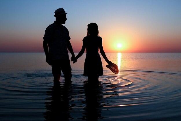 Una pareja feliz junto al mar al atardecer en la silueta de viaje en la naturaleza