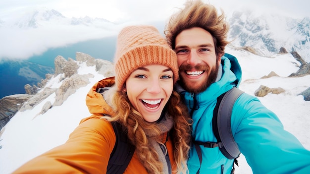 Pareja feliz entre montañas invernales