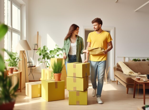 Foto una pareja feliz se muda a casa.