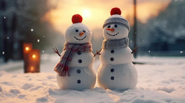 Pareja feliz muñeco de nieve de pie en el paisaje navideño de invierno