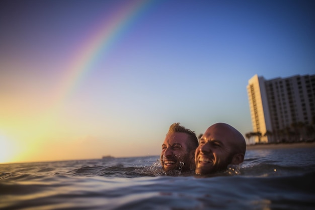 Una pareja feliz nadando en el desfile del orgullo LGBTQ en Tel Aviv Israel Celebración del mes del orgullo de Israel